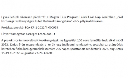 Sikeres pályázat a Magyar Falu Program Falusi Civil Alap keretében „civil közösségi tevékenységek és feltételeinek támogatása” 2022 pályázati kiíráson
